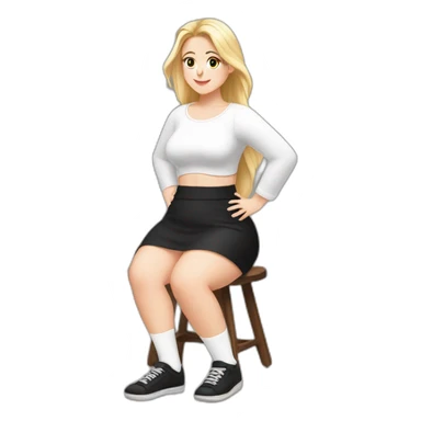 Front view full body curvy caucasian beauty sits on the floor straight hands up black skirt white knickers white socks sticker