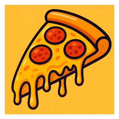 slice of pizza, cartoon style, exaggerated cheese pull, bright colors, fun and playful sticker