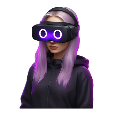 Russian girl wearing black hoody with violet letters "OMG", in vr headset oculus quest2. No eyes on headset. Cyberpunk style. Violet neon. sticker