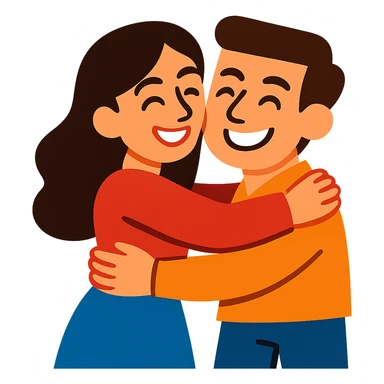 a beautiful brunette woman hugging a man, stylized cartoon, bright colors, joyful expressions, no background sticker