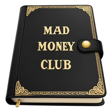 black book with ornate white text and borders. The book’s cover reads: “Mad Money Club - Rules Book - For Sad Girls.” sticker
