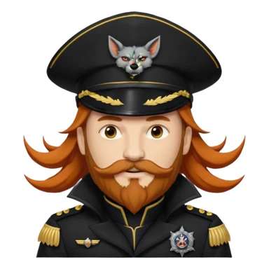 An auburn-hair'ed admiral with a flawless bear and mustache wearing a black admiral outfit and hat with Wolf Ears coming out of the hat, and 9 tails behind him, with the admiral black shirt featuring on the left breast pocket the insignia of Helldivers 2. sticker