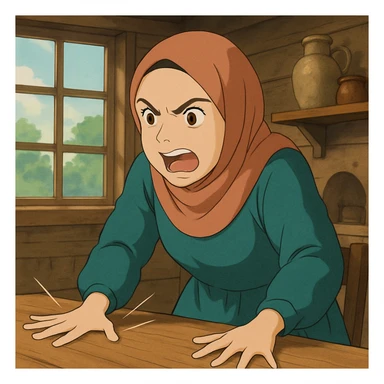 ghibli style hijabi woman slamming table in anger sticker