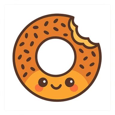 a simit, stylized as a cute cartoon with a bite taken out sticker