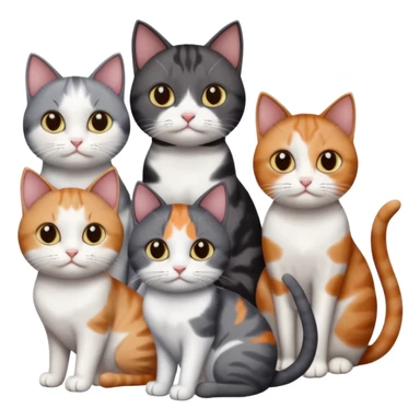 5 different coloured short haired cats including; a dark brown and white cat, and a dark grey and white, and a calico sticker