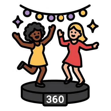 small simple icon of two women, one Black and one White, dancing on a 360 spin booth, surrounded by party lights in purple gold and black, luxury event style sticker
