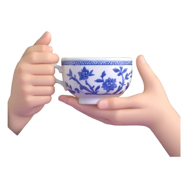 human hand holding a small traditional Chinese blue and white porcelain tea cup without handle sticker