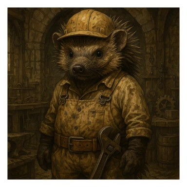fantasy hedgehog character in engineer uniform, soiled clothes and muzzle, medieval workshop backdrop, direct look, dungeons and dragons, detailed illustration, artstation quality sticker