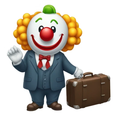 A clown in a business suit with a suitcase of money in his hand in full growth sticker