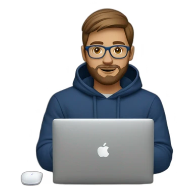 Brown short hair white man with a beard and round glasses typing on apple computer wearing a dark blue nike hoodie sticker