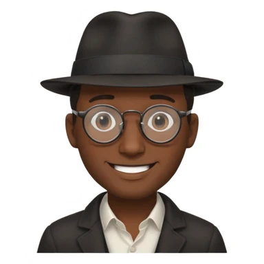 A man emoji with dark skin, wearing round glasses and a black fedora hat, with a clean-shaven face. sticker