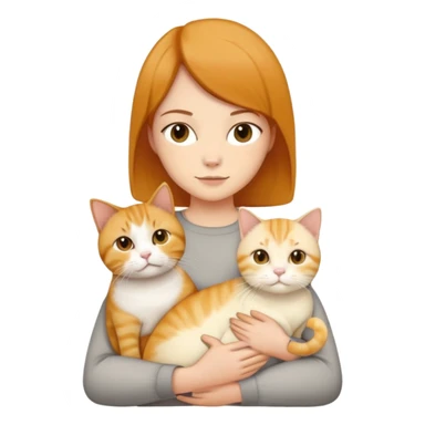 Straight short hair ear length in dark brown , skin tone honey . holding one ginger cat , one yellow white cat , one cream color cat British short hair same size  sticker