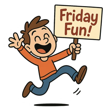 cartoon character jumping with joy holding a sign that says 'Friday Fun!' in a playful style sticker
