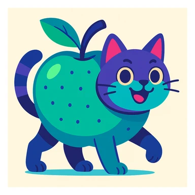 Make this animal colorful in a different palette, playful and bright, cartoon style, no meme elements, keep the apple-cat concept. sticker