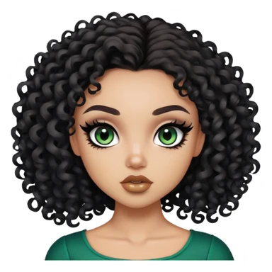 curly dark brown hair, light skin,  dark green iris, pretty bratz baddie, strong black eyeliner sticker