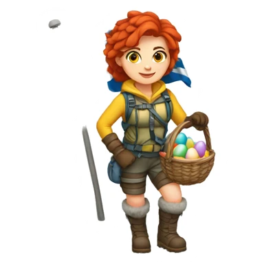 Female winter mountaineer red hair white skin climbing with Greek Flag and Easter eggs basket sticker