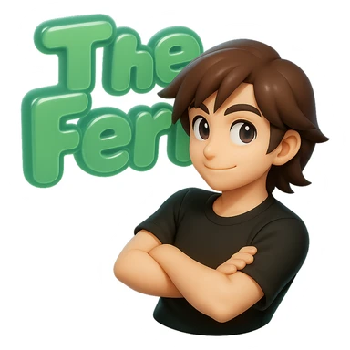 Make the brunette anime man look 20 years old with youthful facial features, still leaning to the side with arms crossed, in front of green bubble letters that say 'The Fern'. He should have a black t-shirt, no jacket, medium-length brown hair, and an expressive anime face. Keep the rounded, glossy, energetic vibe in matte glass style. sticker