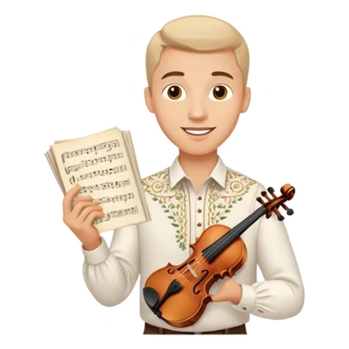 a happy guy in a white Ukrainian embroidered shirt, holding sheet music in one hand and a violin key in the other sticker
