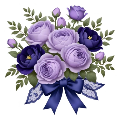 A hand-tied bouquet of soft lilac roses, pale violet peonies, and deep indigo pansies, bound with layers of vintage lace and a faded purple silk bow, rests upon a carved wooden vanity, beside an antique silver heart-shaped mirror reflecting the timeless beauty of love’s gentle touch. sticker