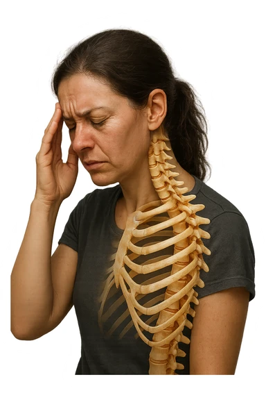 donna stanca che si tiene una mano sulla tempia con spina dorsale anatomica visibile, iperrealistico 4k sticker