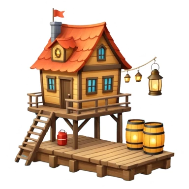 
fisherman house on a wooden pier, small dock, fishing nets hanging, barrels, lantern, ocean vibe, 3D cartoon, cute mobile game icon, clean background, no text
 sticker