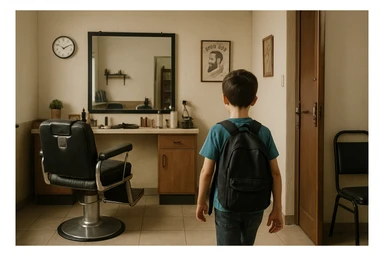 Sartaroshxonaga kirib kelayotgan bola sartaroshxona unchalik eski emas ammo yangi ham emsa sticker