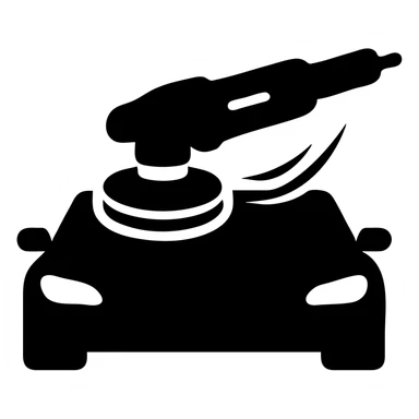solid icon of a polishing machine on a black car hood, silver metallic details, subtle reflection, soft shine waves, minimal and elegant sticker