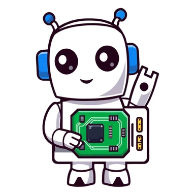Robot holding an AI processor chip with digital circuits sticker