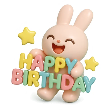 laughing bunny hugging "Happy Birthday" letters with stars, vinyl figure style, smooth, shiny, collectible toy sticker