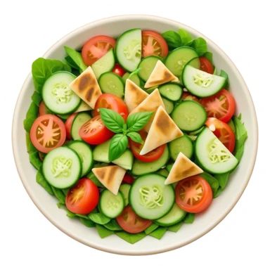 Cinematic Realistic Fattoush Salad Dish Emoji, depicted as a colorful medley of greens, tomatoes, cucumbers, and crispy pita rendered with vibrant textures and refreshing lighting. sticker