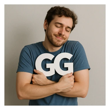 The person in the image is holding the GG sign pressed to their chest as if hugging it, the person remains the same. sticker