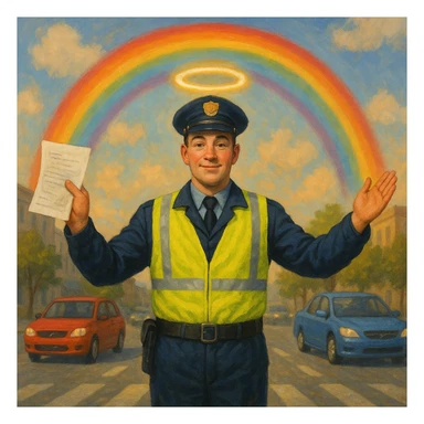 A traffic officer with a glowing halo, rainbow behind him, arms wide: one hand has paperwork, the other hand has cars moving freely. sticker