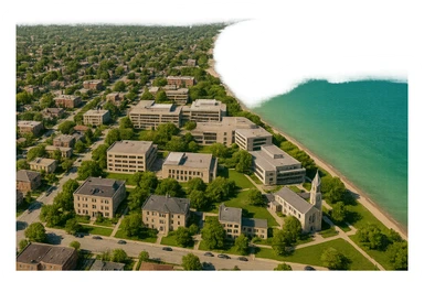 cinematic realistic emoji of Evanston, Illinois city view with a large, prominent Lake Michigan forming the entire eastern edge of the image, Northwestern University campus clearly visible and adjacent to the lake, Sigma Chi International Fraternity Headquarters and Levere Memorial Chapel (Sigma Alpha Epsilon HQ) as recognizable buildings, no downtown, lifelike detail, accurate colors, bright daytime, no sky, no clouds sticker