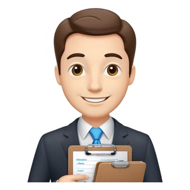 car salesman with a clipboard, cheerful expression, suit sticker