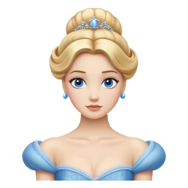 Cinematic Realistic Noble Cinderella Portrait, depicted with porcelain skin rendered in lifelike detail and soft, natural lighting that highlights every delicate nuance. Her intricately styled golden-blonde hair is arranged in an elegant updo, and her deep, expressive blue eyes radiate quiet determination. She wears her classic ball gown with rich fabric textures and delicate folds catching the light beautifully, all set against a subtly glowing, natural background that captures the essence of timeless royal grace. sticker