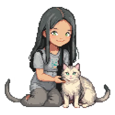 Remix: Beautiful girl with long straight black hair, inspired by the reference, petting a gray and blonde mixed cat, pixel art style, girl smiling, cat on her lap sticker