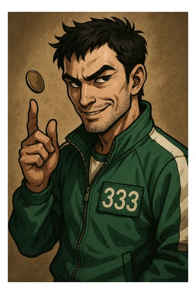 male character in a green Squid Game tracksuit with number 333, smirking, sharp black eyes, messy short black hair, slight stubble, flipping a coin, mysterious and strategic expression, design for character icon sticker