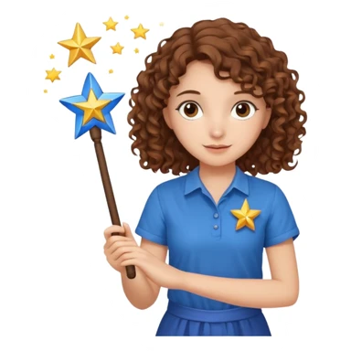 A girl with brown curly hair with a magic wand in her hand, with a star at the end of the wand, a girl wearing a blue shirt sticker