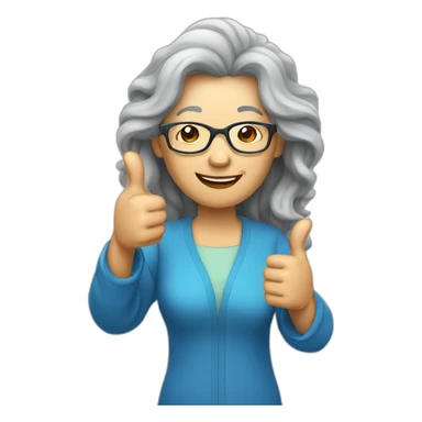 Chinese senior lady with long wavy hair wear glasses showing big thumbs up sticker