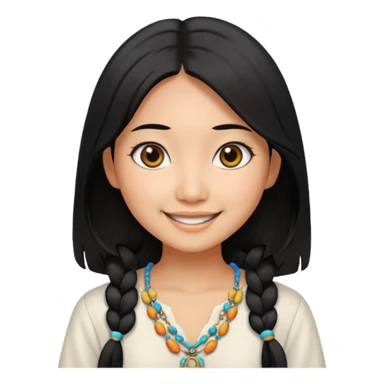 30 yr old asian woman center parted hair big eyes big smile tanned skin straight black hair hippie part hair white blouse sticker