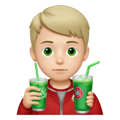 A boy wearing Ohio state clothes drinking a green soda sticker