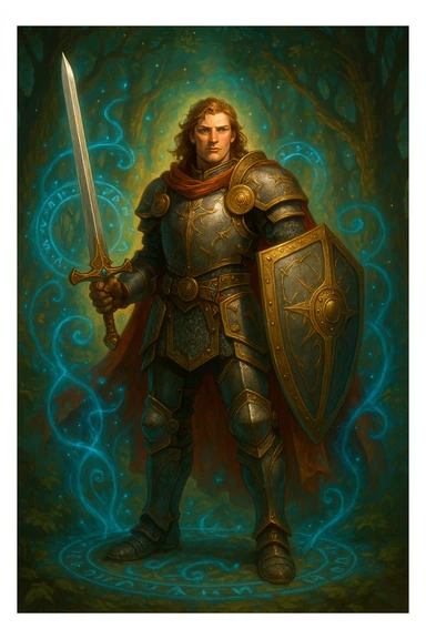 A heroic fantasy character inspired by classic fantasy systems, standing confidently with a sword and shield, wearing armor, in a magical setting sticker