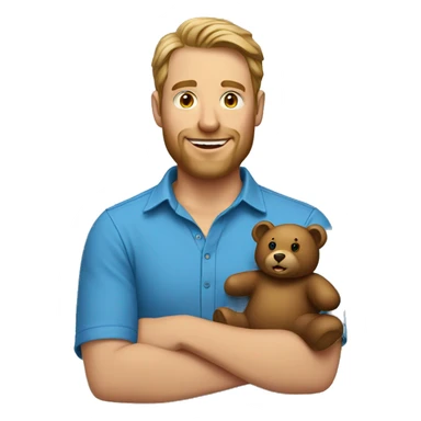 blue shirt portrait of man holding bear sticker