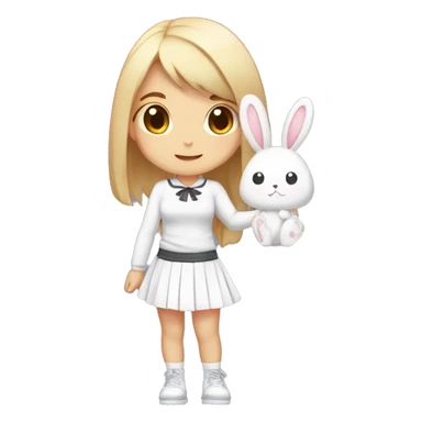 /anime, A chibi female girl with long hair in a ponytail holding a sign saying "Hi" Wearing a kawaii skirt and white kawaii top with a bunny hairclip sticker