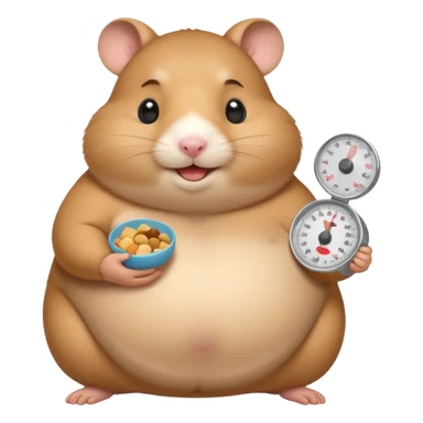 fat hamster holding pregnant belly smiling holding a tiny food scale sticker