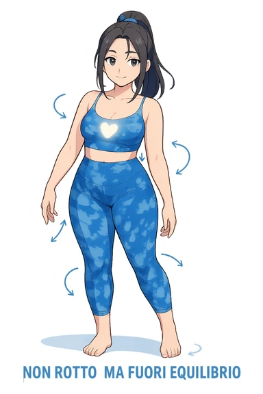 stile manga a woman stands in a relaxed pose, with a gentle, confident expression. Her body is shown with subtle, curved lines or arrows indicating areas of imbalance (such as a slight tilt in the shoulders or hips), but no signs of injury or damage. A soft glow or heart symbol at her core emphasizes resilience and the message “Non rotto, ma fuori equilibrio” The background is clean and clinical, with light blue tones. sticker