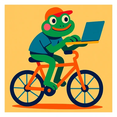 a quirky frog balancing a laptop on a bike, working as it rides, playful and colorful cartoon style sticker