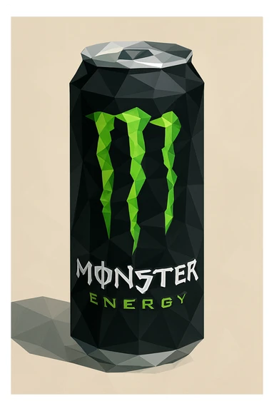 monster energy drink can, geometric and faceted polygonal low-poly style sticker