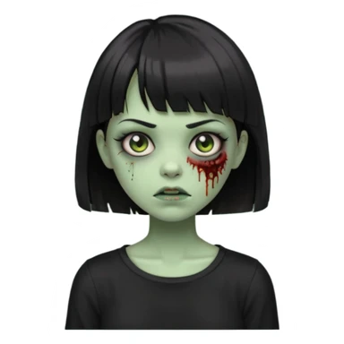 Zombie girl emoji verde com cabelo curto liso preto no ombro e franja na altura da sobrancelha com uma blusa preta sticker