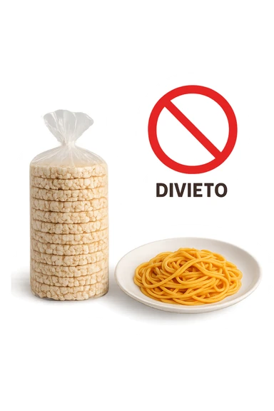 confezione di gallette di riso con accanto un piatto di pasta con divieto sopra, in italiano,  realistici sticker